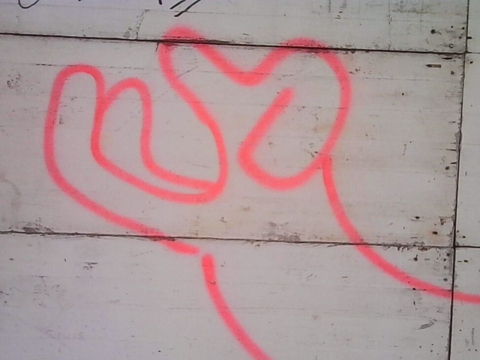 Pink spray-painted graffiti on pale wooden construction fencing, forming an abstract shape that resembles a small dog in profile.
