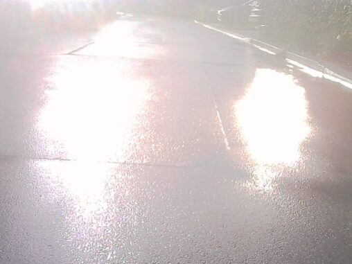Wet asphalt reflecting bright sunlight after rain, with strong glare and soft reflections stretching across the road.