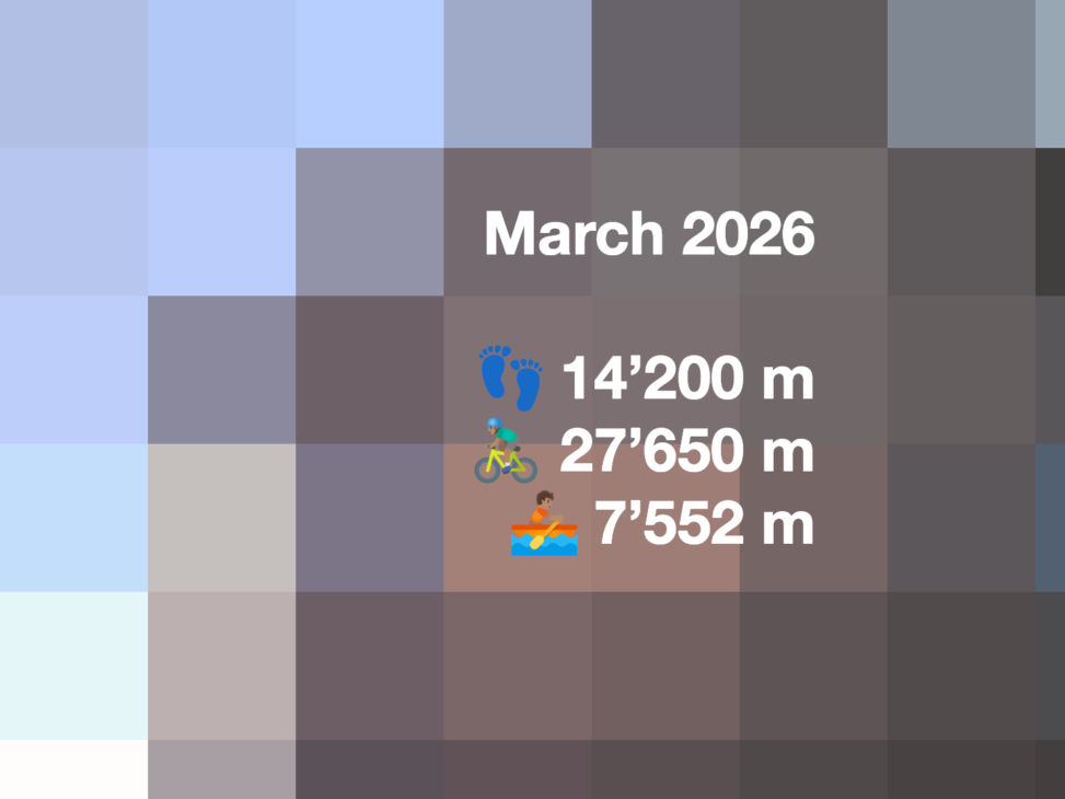 Title card titled “March 2026” showing monthly activity totals: 14'200 meters walked, 27'650 meters cycled, and 7'552 meters rowed, displayed over a soft grid of muted blue and brownsquares