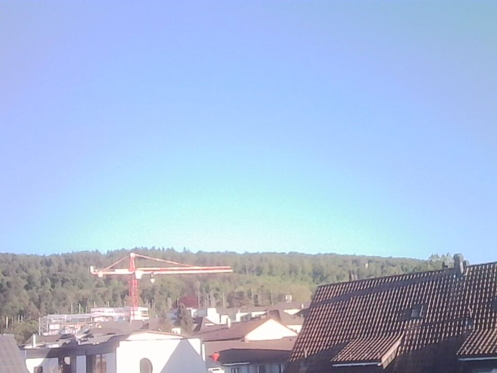 View from a window over neighbourhood rooftops toward the Zürichberg, with a red construction crane rising against a clear blue sky.