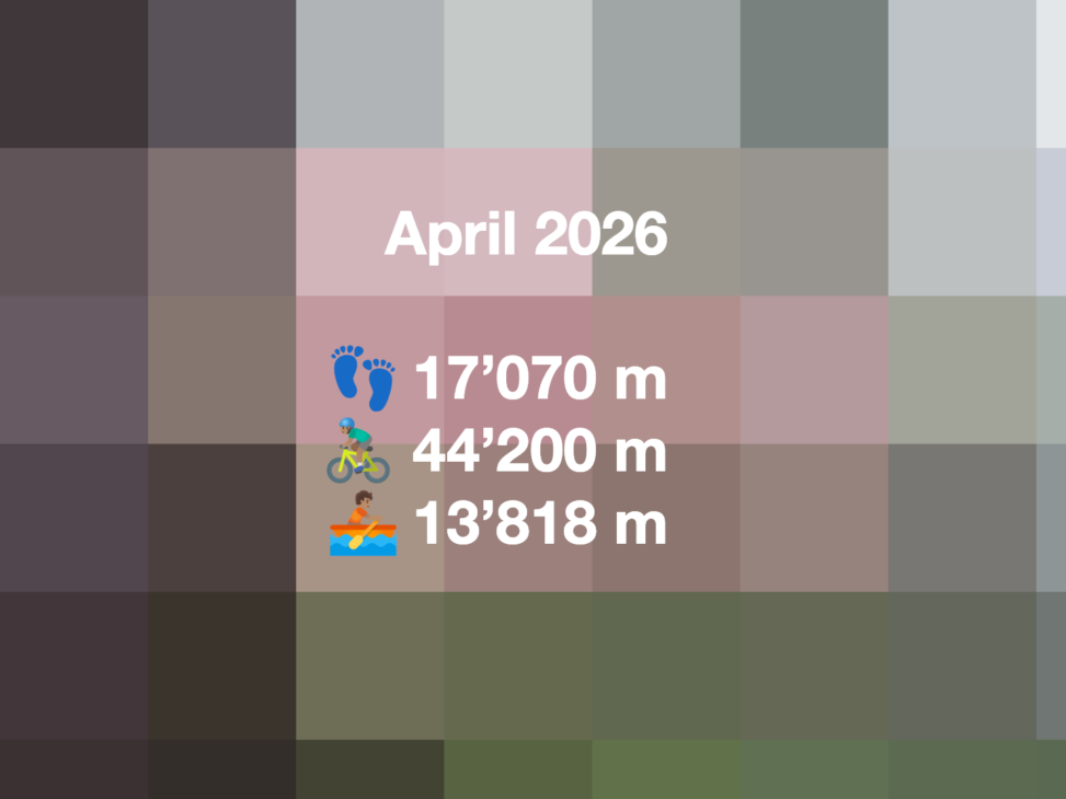Title card titled “April 2026” showing monthly activity totals: 17'070 meters walked, 44'200 meters cycled, and 13'318 meters rowed, displayed over a soft grid of muted rose, grey, and brown squares