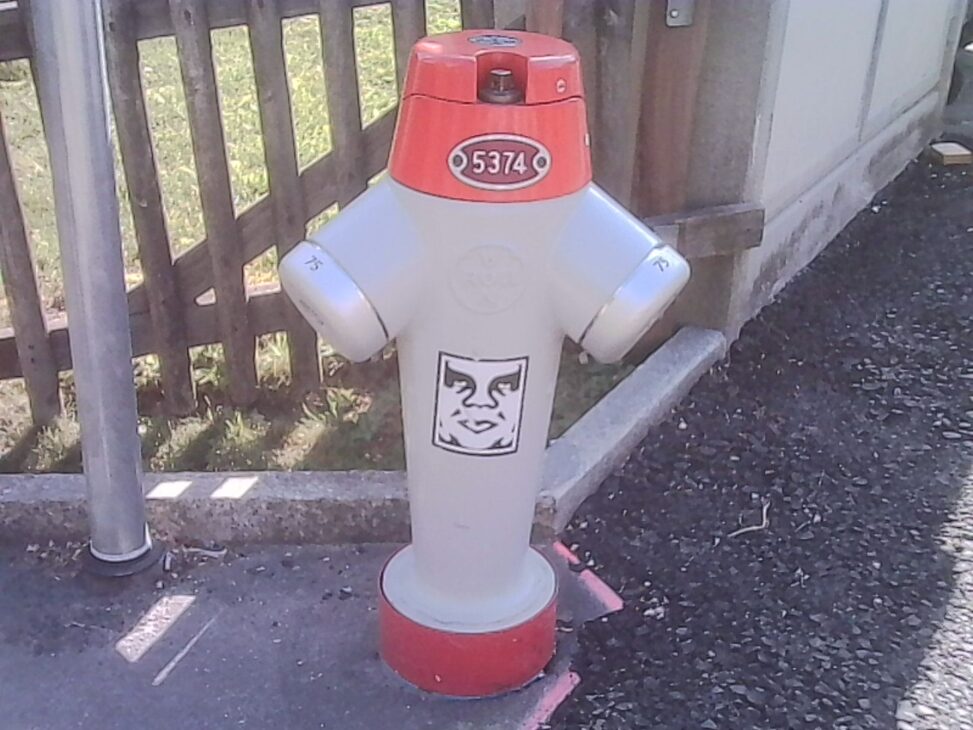 Grey and red fire hydrant with an OBEY Giant decal sticker beside a wooden fence on a bright early summer morning.