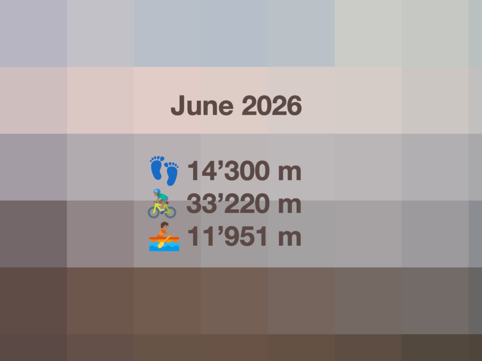 Title card titled “June 2026” showing monthly activity totals: 14'300 meters walked, 33'220 meters cycled, and 11'951 meters rowed, displayed over a soft grid of muted blues, greys, taupes, and beige tones.