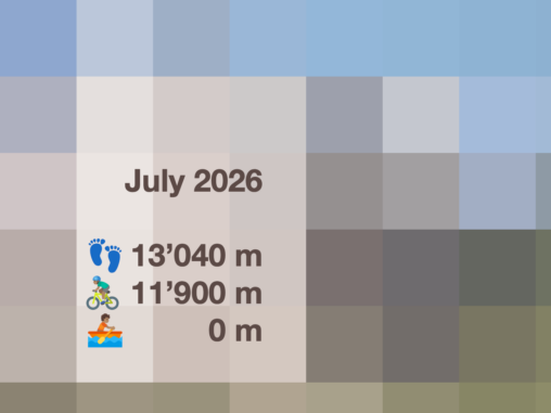 Pixelated title card for "July 2026", using a blurred mosaic based on one of the month's photographs as the background. The monthly activity totals are displayed in dark text with emoji icons: 13'040 metres walked, 11'900 metres cycled, and 0 metres rowed. The muted colour palette consists of soft blues, greys, and beige tones.